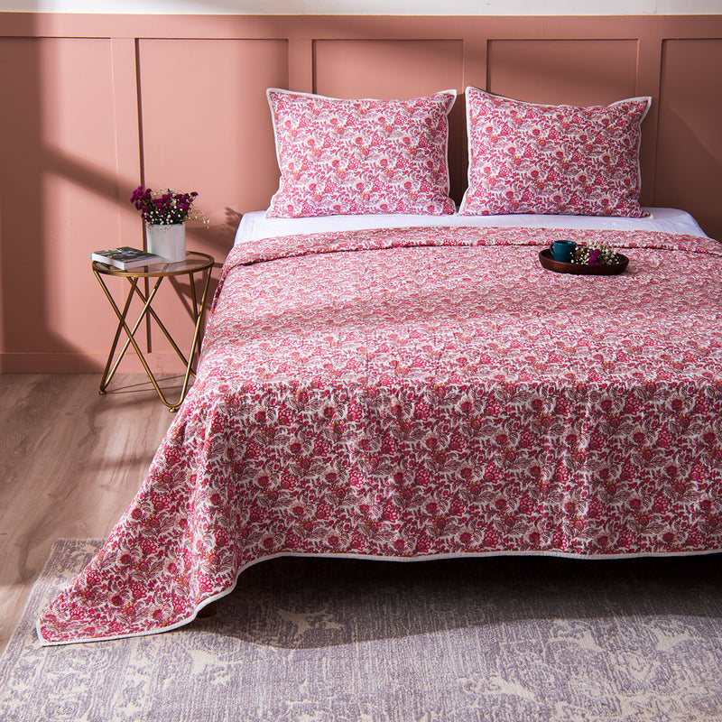 Cotton Quilt with Pillow Shams | Floral Print | Pink