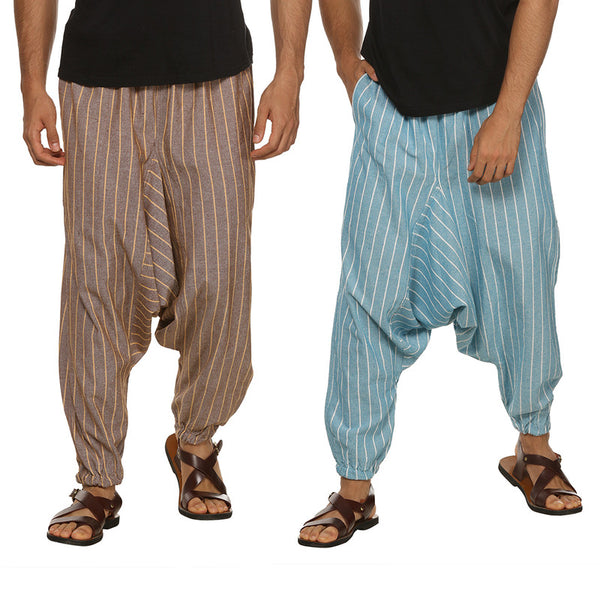 Cotton Harem Pants for Men | Blue & Brown | Pack of 2 | Stripes