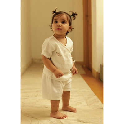 Muslin Jabla and Shorts Set for Kids | Bird Pattern | White