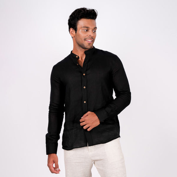 Black Linen Shirt for Men | Full Sleeves | Mandarin Collar