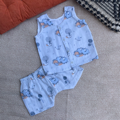 Muslin Jabla and Shorts Set for Kids | Elephant Print | Blue