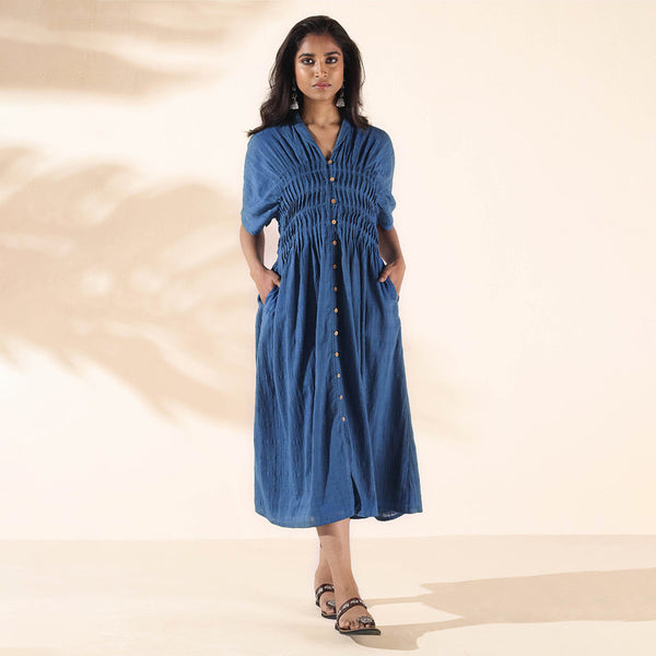 Cotton Dobby Blue Dress for Women | Pin Tuck