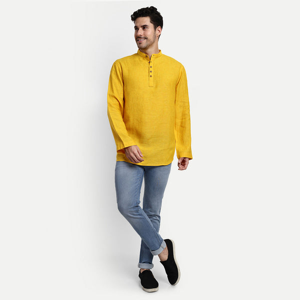 Linen Short Kurta for Men | Full Sleeves | Yellow