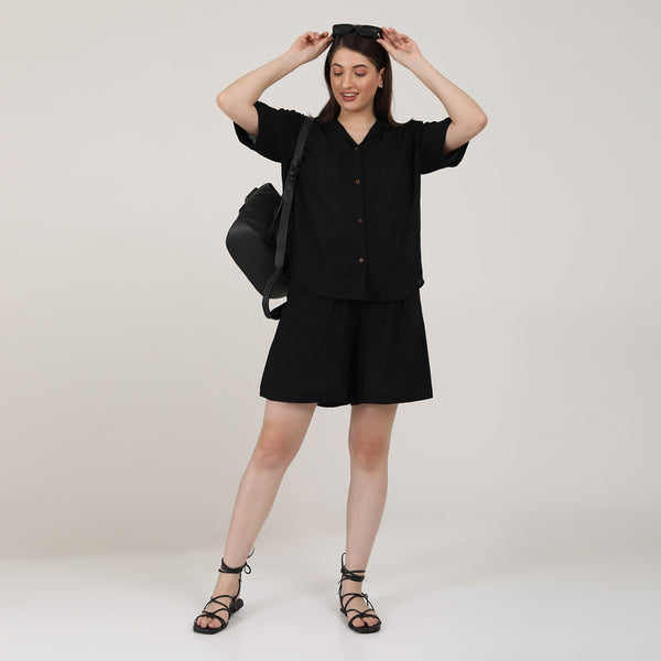 Linen Black Co Ord Set | Shirt & Shorts for Women