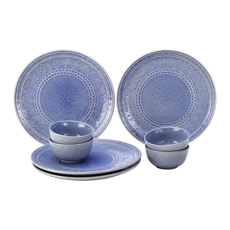 Stoneware Ceramic Dinner Set | 4 Dinner Plates & 4 Bowl Katori | Mist Blue | Set of 8