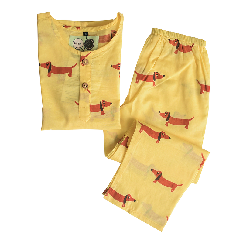 Cotton Night Suit for Kids | Dog Print | Yellow.