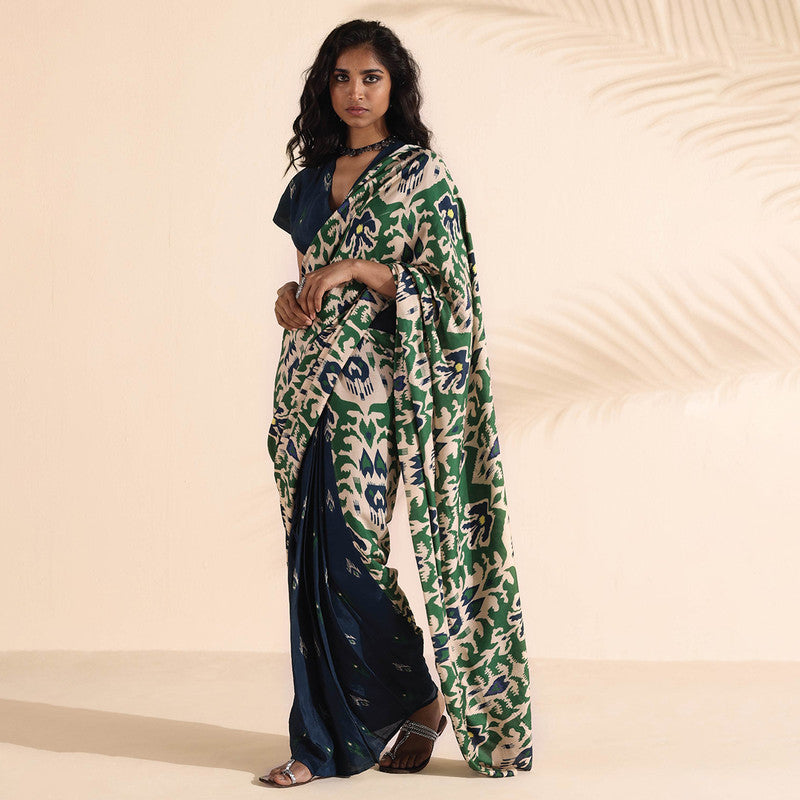 Muslin Ikat Print Saree | Pre-Stitched | Green & Blue