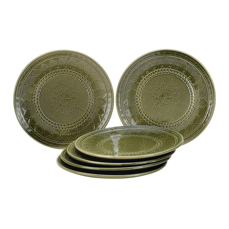 Ceramic Dinner Plate | Stoneware Emboss Design | Large | 10.6 Inches | Moss Green | Set of 6