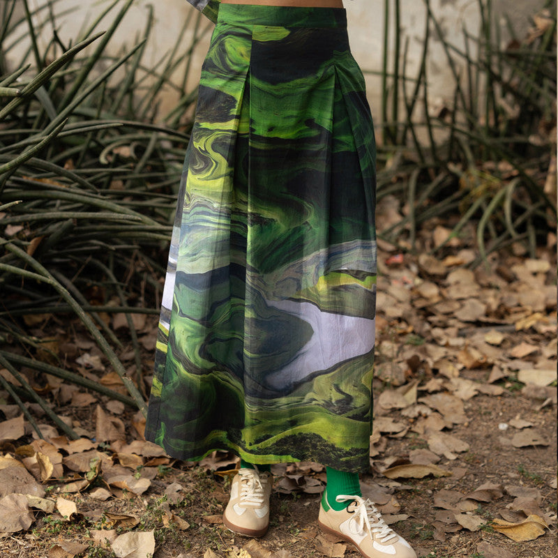 Upcycled Cotton Long Pleated Skirt | Green