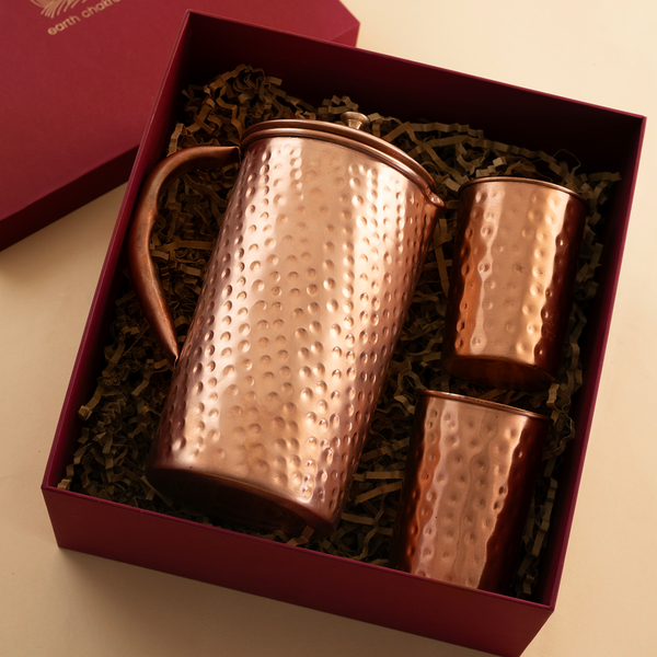 Pure Copper Jug & Glasses with Gift Box | Hammered | Gift Pack