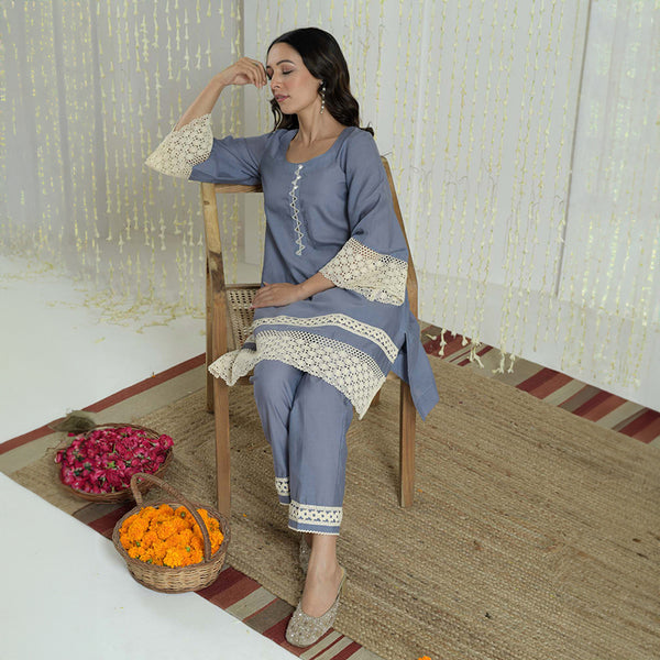 Chanderi Cotton Pakistani Suit | Straight Fit | Blue