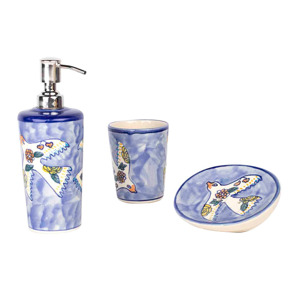 Ceramic Bathroom Set | Soap Dispenser & Dish | Toothbrush Holder | Birds Sky Design | Set of 3