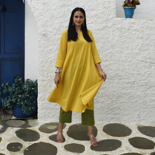 Cotton Yellow Kurta for Women | A-Line