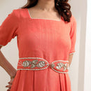 Cotton Dress for Women with Belt | Self Textured | Rust Orange