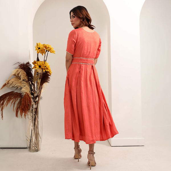 Cotton Dress for Women with Belt | Self Textured | Rust Orange