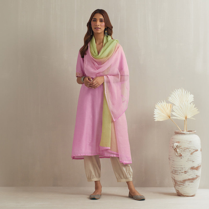 Chanderi Silk Pink Kurta with Dupatta | Hand Embroidered Beads