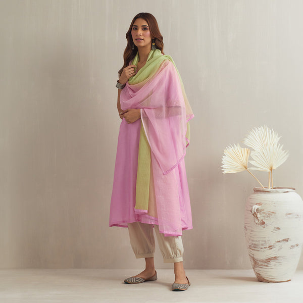 Chanderi Silk Pink Kurta with Dupatta | Hand Embroidered Beads