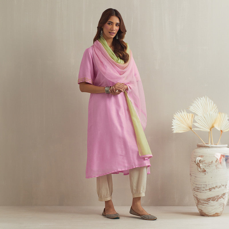 Chanderi Silk Pink Kurta with Dupatta | Hand Embroidered Beads