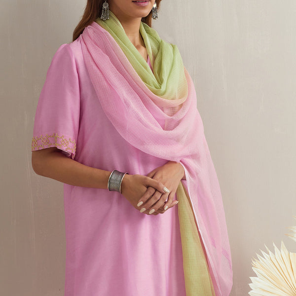 Chanderi Silk Pink Kurta with Dupatta | Hand Embroidered Beads