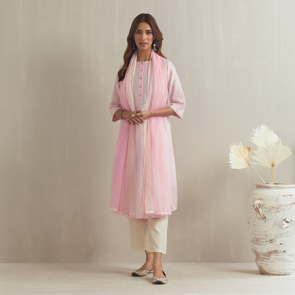 Chanderi Silk Kurta with Dupatta | Hand Embroidered | Baby Pink