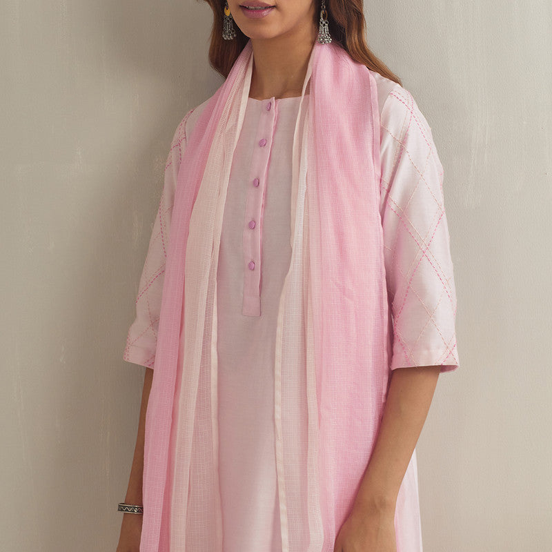 Chanderi Silk Kurta with Dupatta | Hand Embroidered | Baby Pink