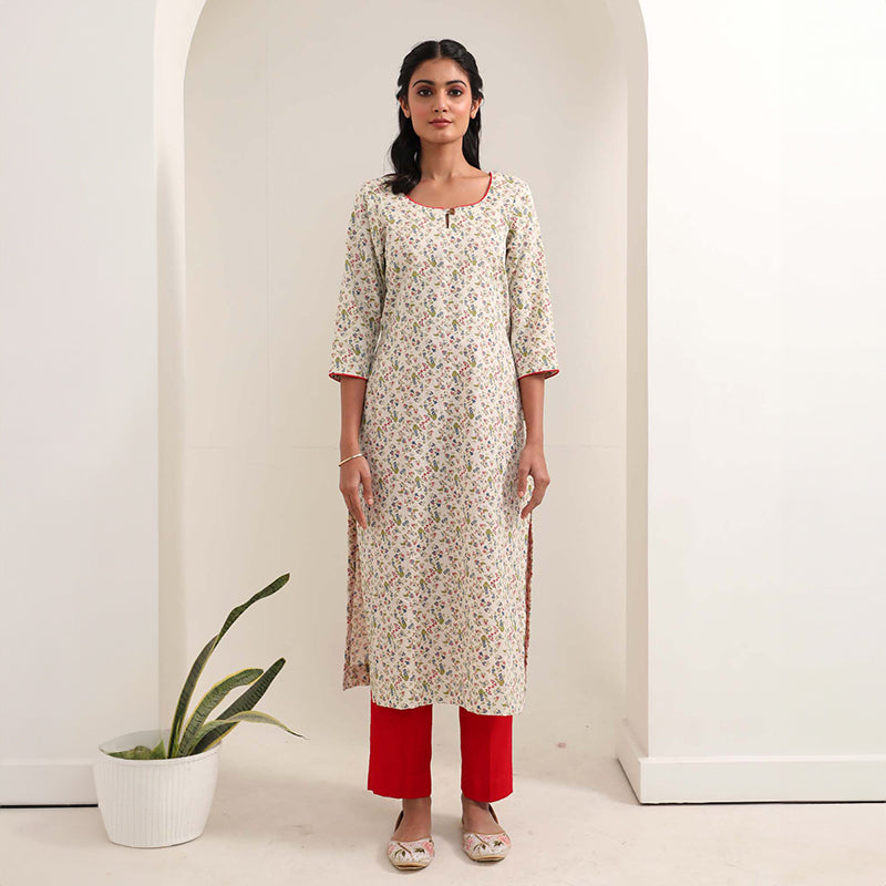 Sub Cotton Printed Kurta Set for Women | Straight Fit | Off-White