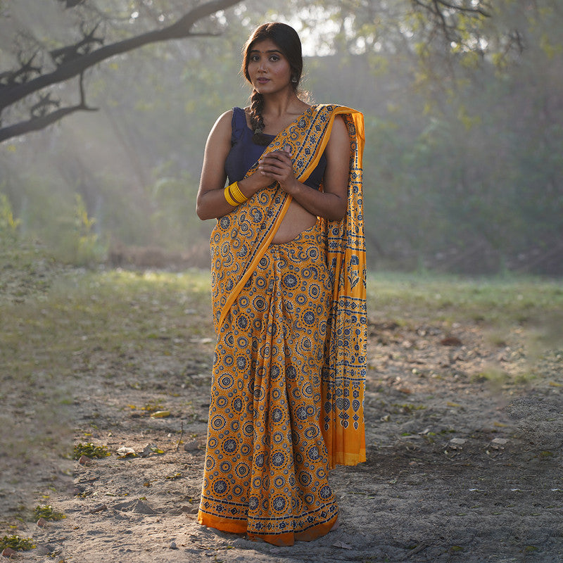 Mulmul Cotton Printed Saree With Blouse Fabric | Ajrakh Handblock Print | Yellow