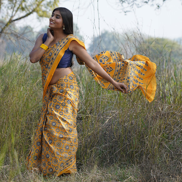 Mulmul Cotton Printed Saree With Blouse Fabric | Ajrakh Handblock Print | Yellow