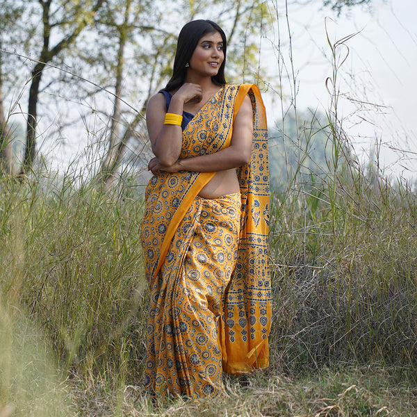 Mulmul Cotton Printed Saree With Blouse Fabric | Ajrakh Handblock Print | Yellow