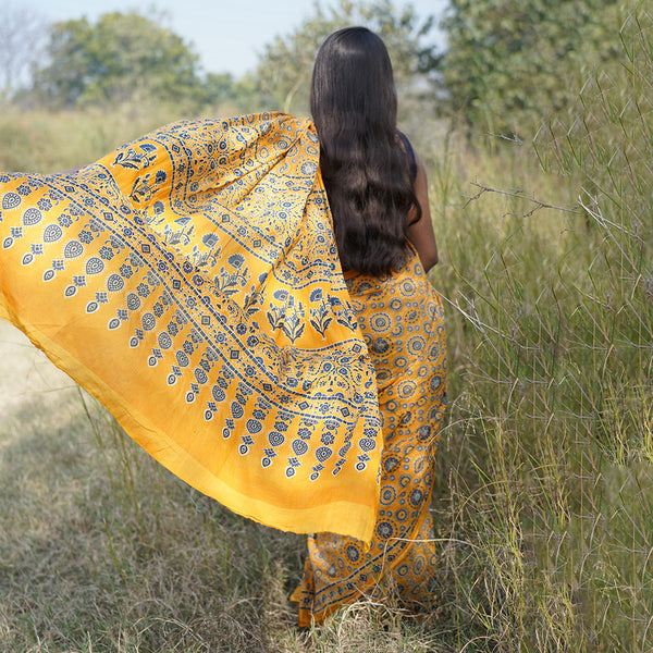 Mulmul Cotton Printed Saree With Blouse Fabric | Ajrakh Handblock Print | Yellow