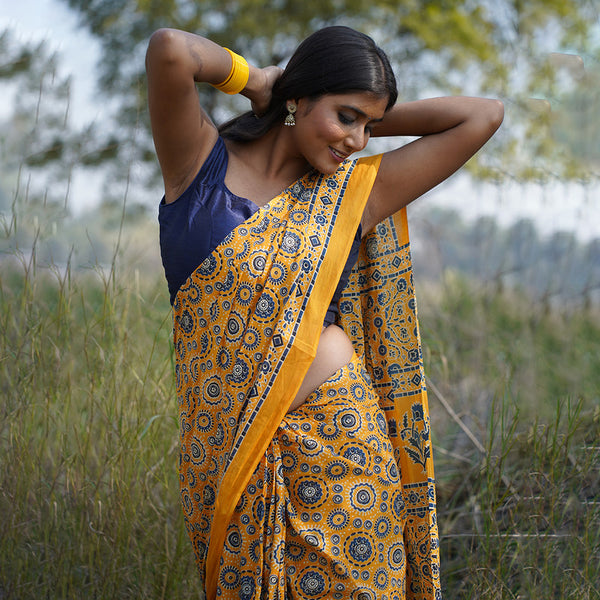 Mulmul Cotton Printed Saree With Blouse Fabric | Ajrakh Handblock Print | Yellow