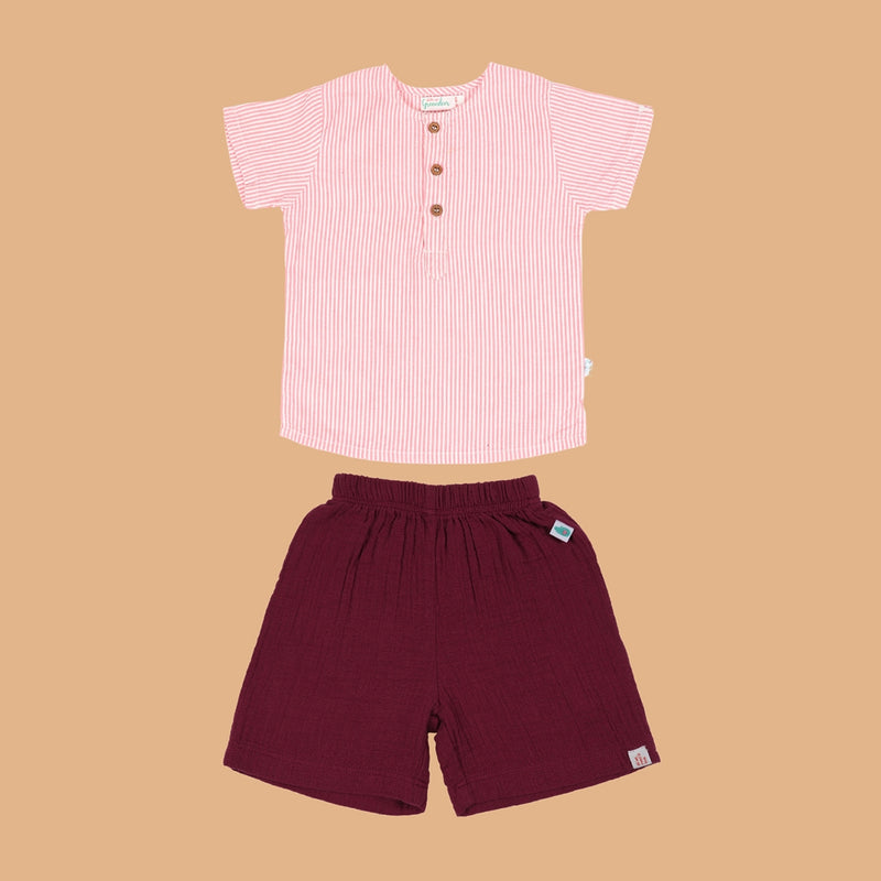 Cotton Kurta Shirt with Resort Short | Pink & Burgundy