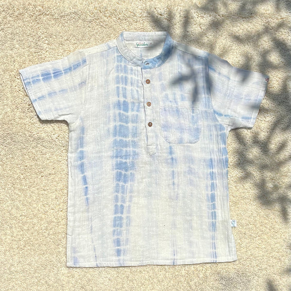 Cotton Band Collar Kurta Shirt with Short for Kids | Blue