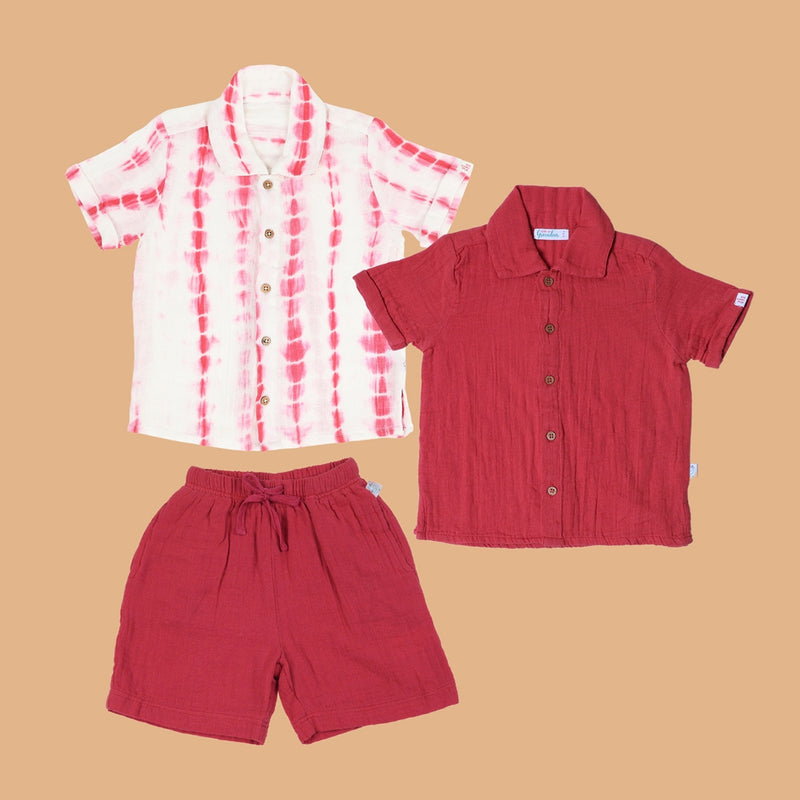 Cotton Collar Shirt with Shorts | Nobel Red | Set of 3