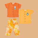 Front Open Shirt with Pant | Orange & Yellow | Set of 3