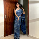 Handblock Printed Saree | Mulmul Cotton | Indigo