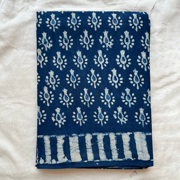 Mulmul Cotton Printed Saree & Blouse Piece | Indigo