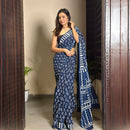 Mulmul Cotton Printed Saree | Indigo