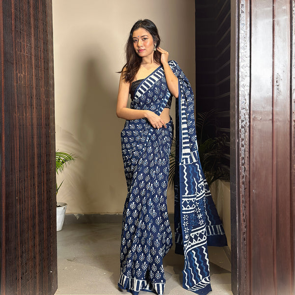 Mulmul Cotton Printed Saree & Blouse Piece | Indigo