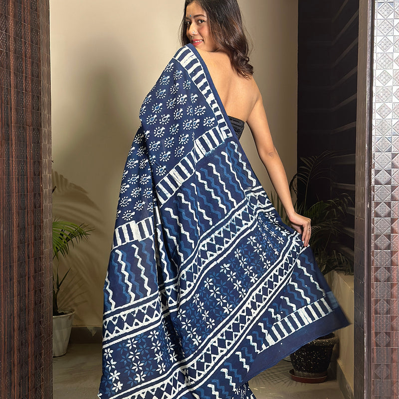 Mulmul Cotton Printed Saree & Blouse Piece | Indigo