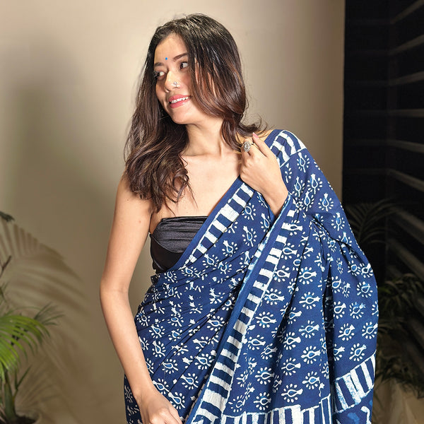 Mulmul Cotton Printed Saree | Indigo