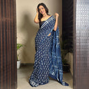 Mulmul Cotton Printed Saree & Blouse Piece | Indigo