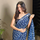 Mulmul Cotton Printed Saree & Blouse Piece | Indigo