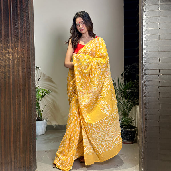 Mulmul Cotton Saree & Blouse Piece | Bagru Handblock Print | Haldi Yellow