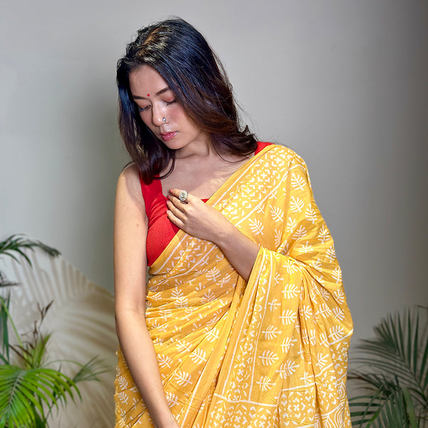 Mulmul Cotton Saree & Blouse Piece | Bagru Handblock Print | Haldi Yellow