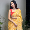 Mulmul Cotton Saree & Blouse Piece | Bagru Handblock Print | Haldi Yellow