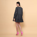 Cotton Short Dress for Women | Embroidered | Dark Grey