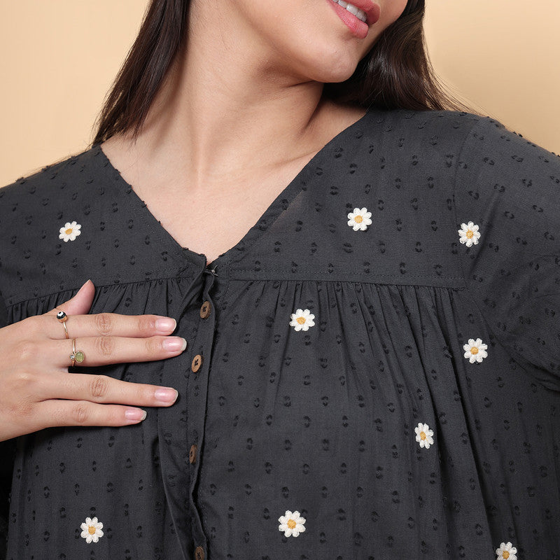 Cotton Short Dress for Women | Embroidered | Dark Grey