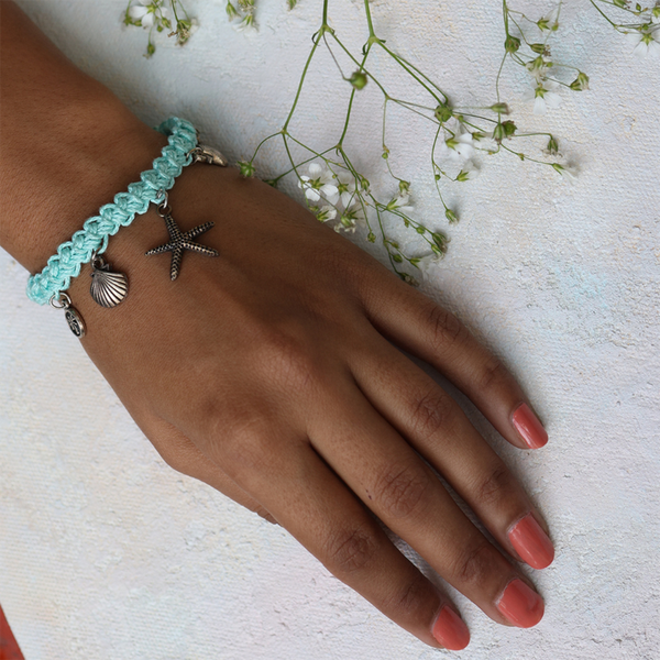 Crochet Charms Bracelet for Women | Metal & Cotton Threads | Aqua