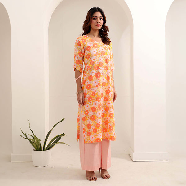 Slub Cotton Kurta Set for Women | Printed | Orange